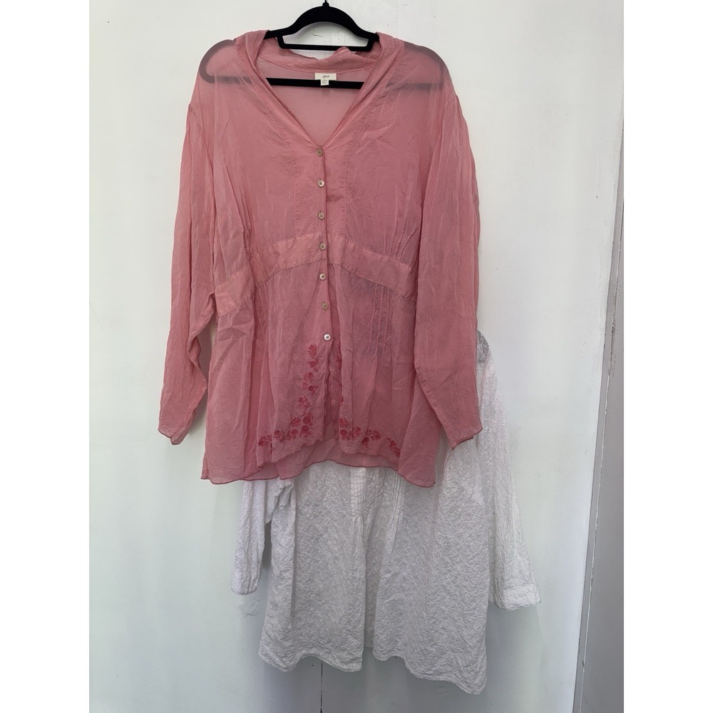 J. Jill Tops Blouse Plus Size 3X Tunic Long Sleeve White Eyelet Pink embroidered